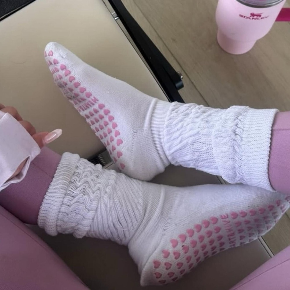 White and Pink Hearts Slouch Pilates Grip Socks